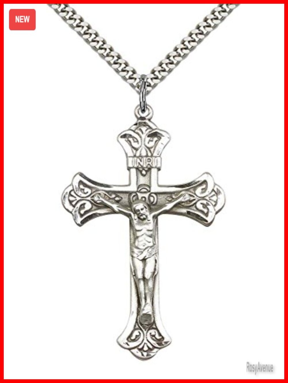 Sterling Silver Crucifix Pendant Necklace with 24" Stainless Steel Curb Chain